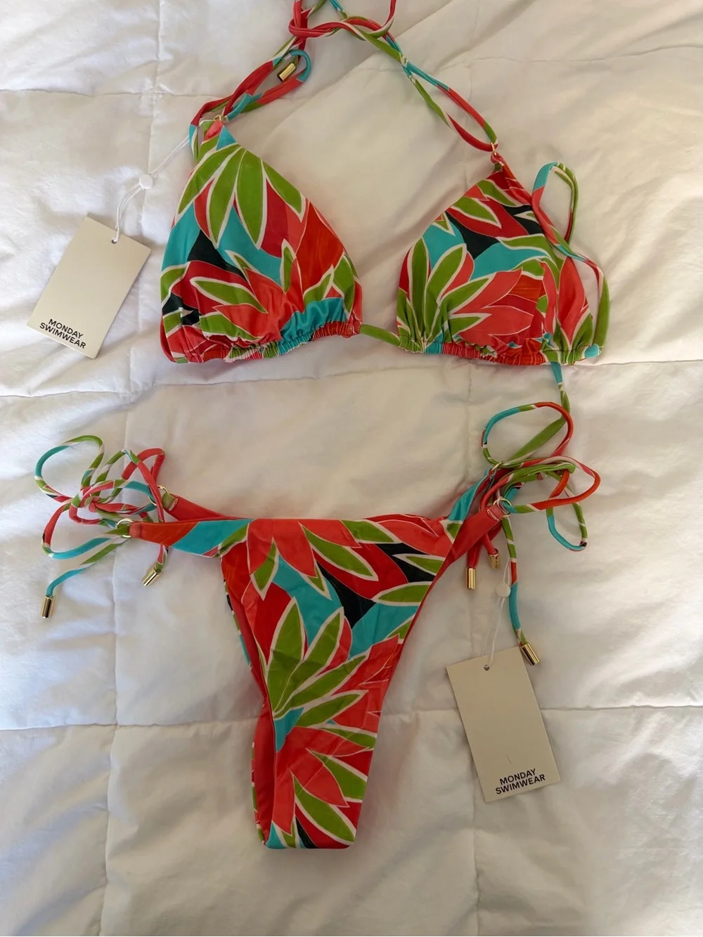 Monday Swimwear Red & Green Leaf Print Triangle Bikini